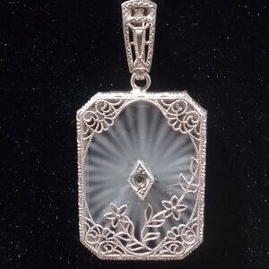1920's Art Deco Camphor Glass Sterling Silver Pendant with Rhinestone accent